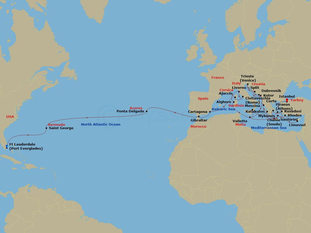 Enchanted Princess - 46 Night - Mediterranean & Greek Isles Grand Adventure - Enchanted Princess - Starting in Fort Lauderdale, Florida, Bermuda, Azores Islands (Ponta Delgada), P.. itinerary map