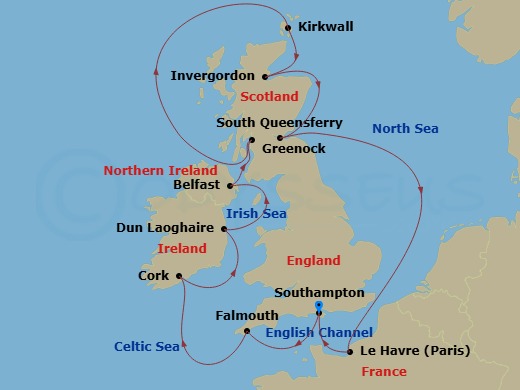 Majestic Princess - 12 Night - British Isles with France & Belfast - Majestic Princess - Starting in Southampton (for London), England, Cornwall (Falmouth), England, Cork, Irelan.. itinerary map