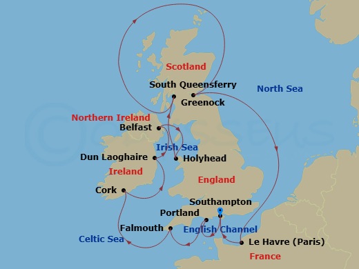 Majestic Princess - 12 Night - British Isles with France & Belfast - Majestic Princess - Starting in Southampton (for London), England, Portland UK, Cornwall (Falmouth), England,.. itinerary map