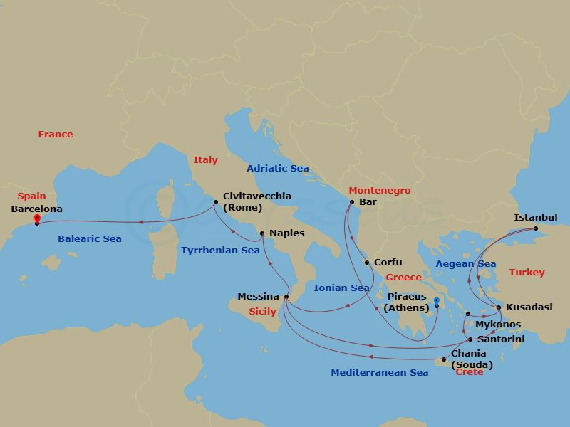 Sun Princess - 21 Night - The Best of the Mediterranean - Sun Princess - Starting in Athens (Piraeus), Greece, Montenegro, Corfu, Greece, Sicily (Messina), Italy, Santorini,.. itinerary map