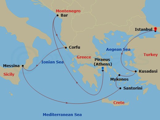 Sun Princess - 10 Night - Mediterranean with Greek Isles & Turkey - Sun Princess - Starting in Athens (Piraeus), Greece, Montenegro, Corfu, Greece, Sicily (Messina), Italy,.. itinerary map