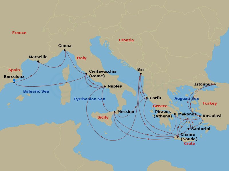 Sun Princess - 32 Night - The Best of the Mediterranean - Sun Princess - Starting in Barcelona, Spain, Marseille (Provence), France, Genoa (for Cinque Terre), Italy, Civitav.. itinerary map
