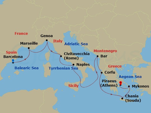 Sun Princess - 11 Night - Mediterranean with Greek Isles & Italy - Sun Princess - Starting in Barcelona, Spain, Marseille (Provence), France, Genoa (for Cinque Terre), Italy.. itinerary map