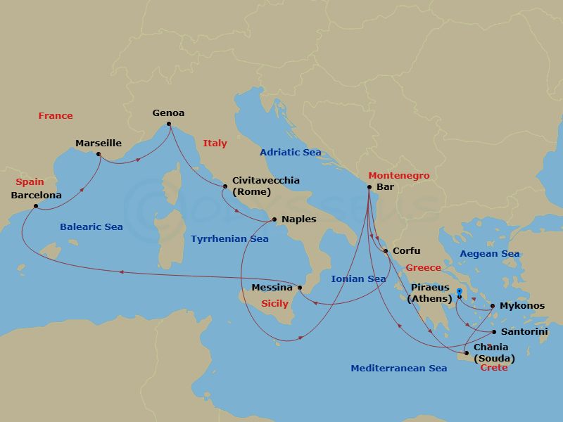 Sun Princess - 18 Night - The Best of the Mediterranean - Sun Princess - Starting in Athens (Piraeus), Greece, Santorini, Greece, Montenegro, Corfu, Greece, Sicily (Messina).. itinerary map