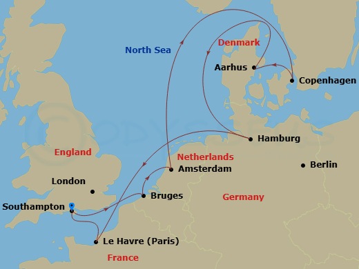 Majestic Princess - 10 Night - European Capitals - Majestic Princess - Starting in Southampton (for London), England, Zeebrugge (for Brussels / Bruges), Belgium, Amsterdam, Nethe.. itinerary map