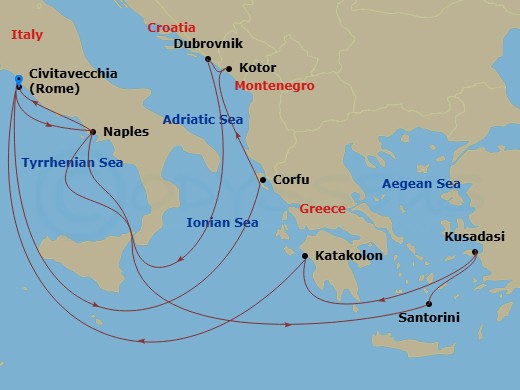 Enchanted Princess - 14 Night - Mediterranean, Aegean & Adriatic - Enchanted Princess - Starting in Civitavecchia (for Rome), Italy, Naples, Italy (for Capri and Pompeii), Santori.. itinerary map