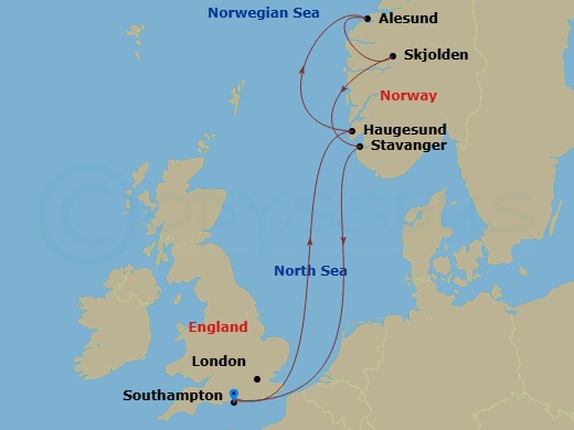 Sky Princess - 7 Night - Norwegian Fjords - Sky Princess - Starting in Southampton (for London), England, Haugesund, Norway, Alesund, Norway, Skjolden / Sognefjord, Norway,.. itinerary map