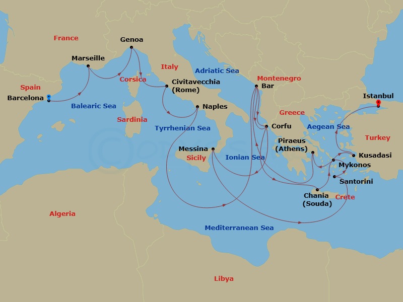 Sun Princess - 21 Night - The Best of the Mediterranean - Sun Princess - Starting in Barcelona, Spain, Marseille (Provence), France, Genoa (for Cinque Terre), Italy, Civitav.. itinerary map