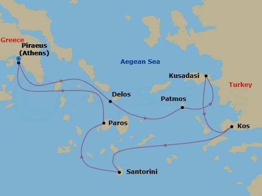 7 Night - Greek Islands & Turkish Coastlines - Emerald Sakara - Starting in Athens (Piraeus), Greece, Delos, Greece / Mykonos, Greece, Patmos, Greece, Kusadasi, Turkey, Kos, Greece, Santorini, Greece, Paros, Greece, Athens (Piraeus), Greece itinerary map