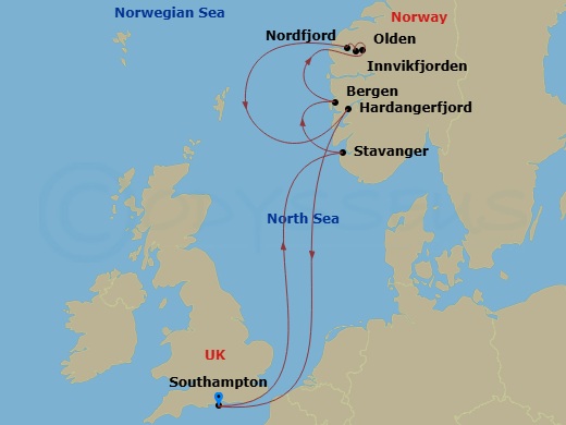 Queen Anne - 7 Night - Norwegian Fjords - Queen Anne - Starting in Southampton, England, UK, Stavanger, Norway, Bergen, Norway, Olden, Norway, Innvikfjorden, Norway (Sceni.. itinerary map