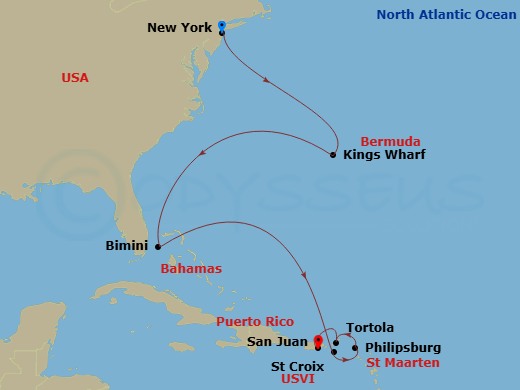 Valiant Lady - 12 Night - Ny to San Juan : Bermuda & Caribbean - Valiant Lady - Starting in New York, Royal Naval Dockyard, Bermuda, The Beach Club at Bimini, Bahamas, St Cr.. itinerary map