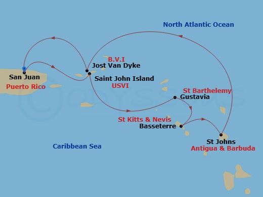 Silver Shadow - 7 Night - San Juan to San Juan - Silver Shadow - Starting in San Juan, St John VI, Gustavia, St Barthelemy, St Kitts (Basseterre), St Johns, Little Bay, Monts.. itinerary map