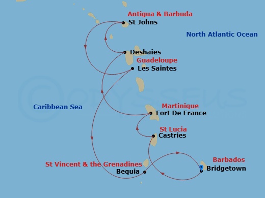 Silver Spirit - 7 Night - Bridgetown to Bridgetown - Silver Spirit - Starting in Bridgetown, Castries, St Lucia, Fort-de-France, Deshaies, St Johns, Les Saintes, Bequia, Brid.. itinerary map