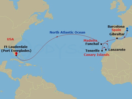 Sun Princess - 14 Night - Western Europe Passage - Sun Princess - Starting in Barcelona, Spain, Gibraltar, Santa Cruz de Tenerife, Lanzarote (Arrecife), Canary Islands, Made.. itinerary map