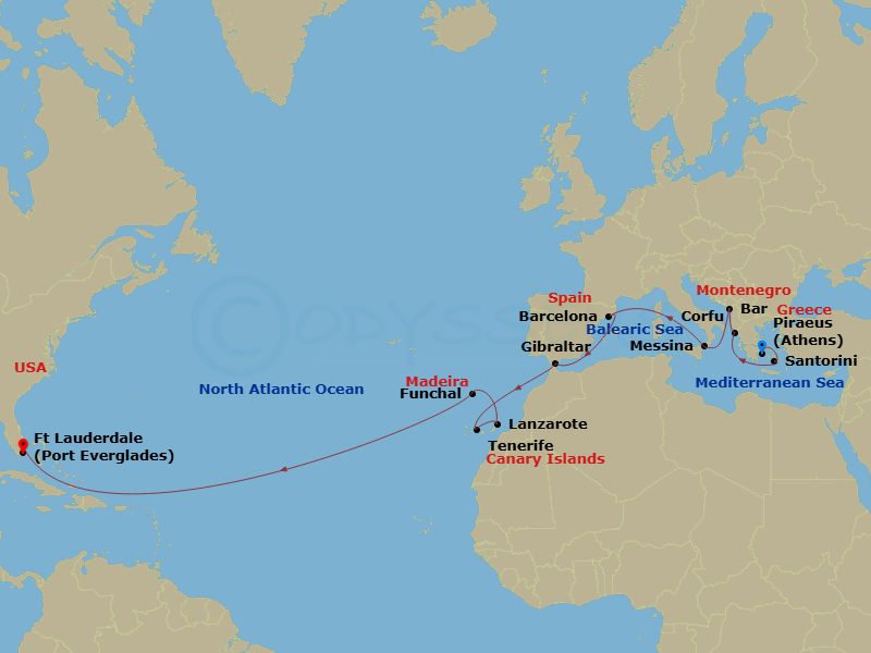 Sun Princess - 21 Night - Western Mediterranean Grand Adventure - Sun Princess - Starting in Athens (Piraeus), Greece, Santorini, Greece, Montenegro, Corfu, Greece, Sicily (.. itinerary map