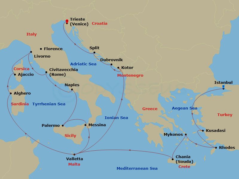 Enchanted Princess - 21 Night - The Best of the Mediterranean - Enchanted Princess - Starting in Istanbul, Turkey, Kusadasi, Turkey (for Ephesus), Rhodes, Greece, Mykonos, Greece,.. itinerary map