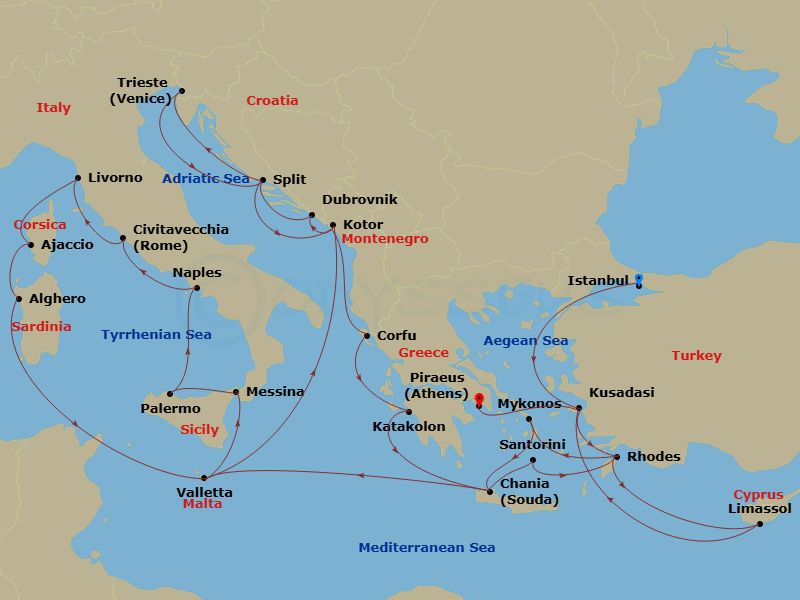 Enchanted Princess - 32 Night - The Best of the Mediterranean - Enchanted Princess - Starting in Istanbul, Turkey, Kusadasi, Turkey (for Ephesus), Rhodes, Greece, Mykonos, Greece,.. itinerary map