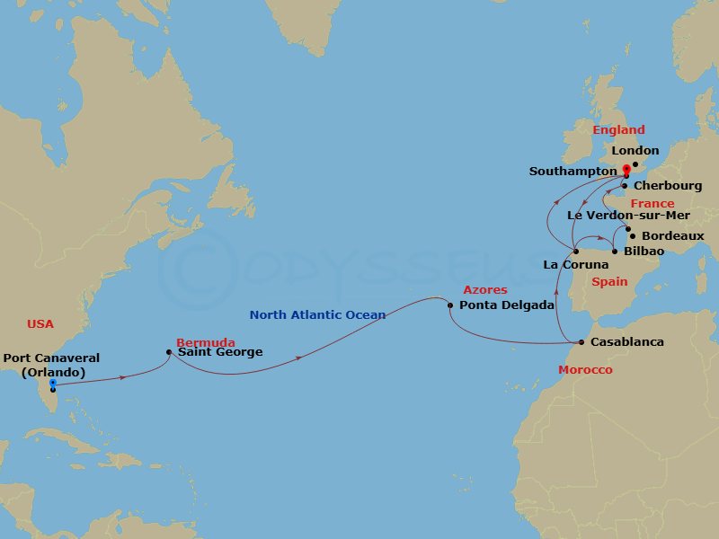 Sky Princess - 22 Night - Moroccan & Iberian Grand Adventure - Sky Princess - Starting in Port Canaveral (Orlando), Florida, Bermuda, Azores Islands (Ponta Delgada), Portuga.. itinerary map