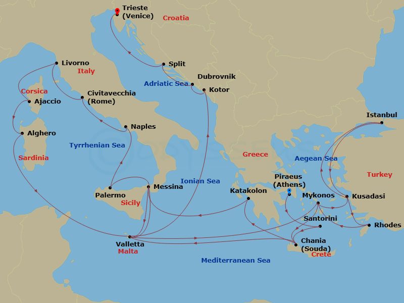Enchanted Princess - 31 Night - The Best of the Mediterranean - Enchanted Princess - Starting in Athens (Piraeus), Greece, Santorini, Greece, Crete (Chania), Greece, Katakolon (fo.. itinerary map