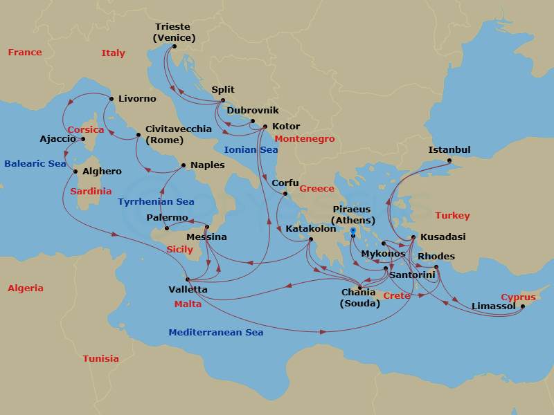 Enchanted Princess - 42 Night - The Best of the Mediterranean - Enchanted Princess - Starting in Athens (Piraeus), Greece, Santorini, Greece, Crete (Chania), Greece, Katakolon (fo.. itinerary map