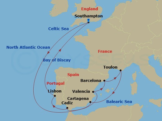 Sky Princess - 14 Night - Spain, France & Portugal with Total Solar Eclipse - Sky Princess - Starting in Southampton (for London), England, Valencia, Spain, Barcelona, Spain.. itinerary map