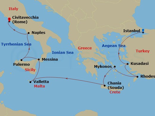 Enchanted Princess - 11 Night - Mediterranean with Greek Isles & Italy - Enchanted Princess - Starting in Istanbul, Turkey, Kusadasi, Turkey (for Ephesus), Rhodes, Greece, Mykonos.. itinerary map