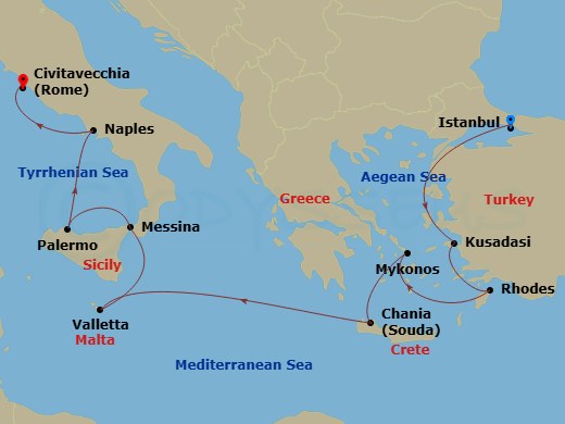 Enchanted Princess - 11 Night - Mediterranean with Greek Isles & Italy - Enchanted Princess - Starting in Istanbul, Turkey, Kusadasi, Turkey (for Ephesus), Rhodes, Greece, Mykonos.. itinerary map