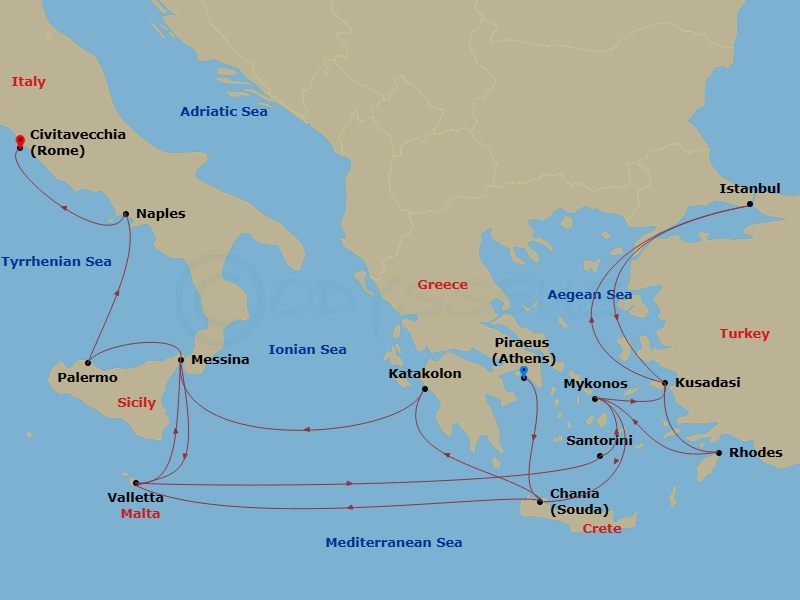 Enchanted Princess - 21 Night - The Best of the Mediterranean - Enchanted Princess - Starting in Athens (Piraeus), Greece, Crete (Chania), Greece, Katakolon (for Olympia), Greece,.. itinerary map