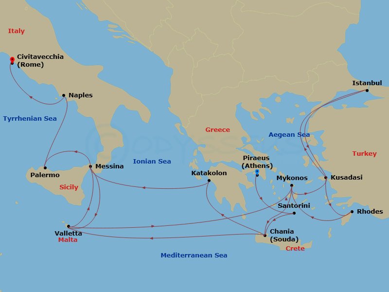 Enchanted Princess - 21 Night - The Best of the Mediterranean - Enchanted Princess - Starting in Athens (Piraeus), Greece, Santorini, Greece, Crete (Chania), Greece, Katakolon (fo.. itinerary map
