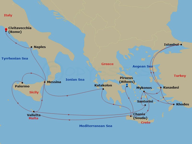 Enchanted Princess - 21 Night - The Best of the Mediterranean - Enchanted Princess - Starting in Athens (Piraeus), Greece, Crete (Chania), Greece, Katakolon (for Olympia), Greece,.. itinerary map
