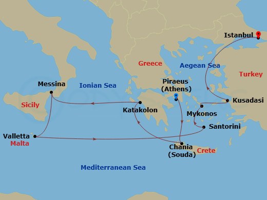 Enchanted Princess - 10 Night - Mediterranean with Greek Isles & Turkey - Enchanted Princess - Starting in Athens (Piraeus), Greece, Crete (Chania), Greece, Katakolon (for Olympia.. itinerary map