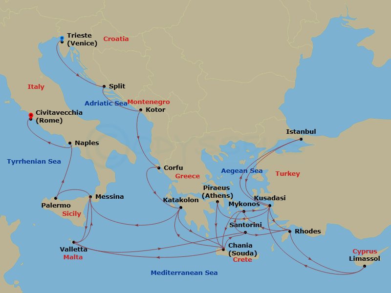 Enchanted Princess - 32 Night - The Best of the Mediterranean - Enchanted Princess - Starting in Trieste (for Venice), Italy, Split, Croatia, Kotor, Montenegro, Corfu, Greece, Kat.. itinerary map