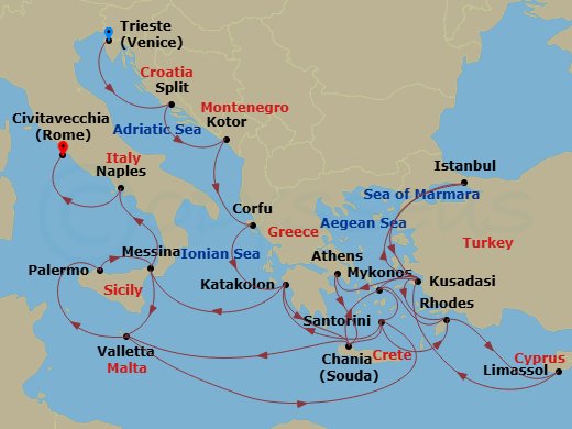 Enchanted Princess - 32 Night - The Best of the Mediterranean - Enchanted Princess - Starting in Trieste (for Venice), Italy, Split, Croatia, Kotor, Montenegro, Corfu, Greece, Kat.. itinerary map