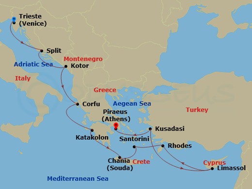 Enchanted Princess - 11 Night - Mediterranean with Greek Isles & Adriatic - Enchanted Princess - Starting in Trieste (for Venice), Italy, Split, Croatia, Kotor, Montenegro, Corfu,.. itinerary map