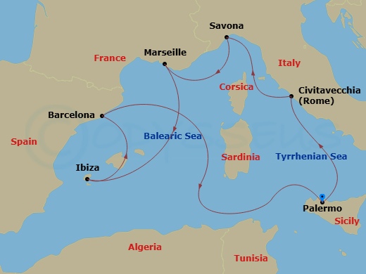 Costa Smeralda - 7 Night - Western Mediterranean Roundtrip from Palermo - Costa Smeralda - Starting in Palermo, Civitavecchia, Savona, Marseille, Ibiza, Barcelona, Palermo itinerary map