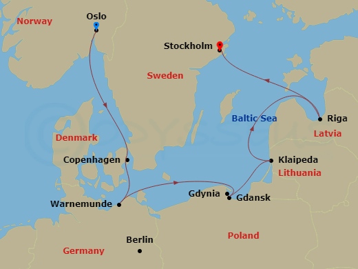 6 Night - Northern Europe - MSC Magnifica - Starting in Oslo, Norway, Copenhagen, Denmark, Warnemunde (Berlin), Germany, Gdynia (Gdansk), Poland, Klaipeda, Lithuania, Riga, Latvia, Stockholm, Sweden itinerary map