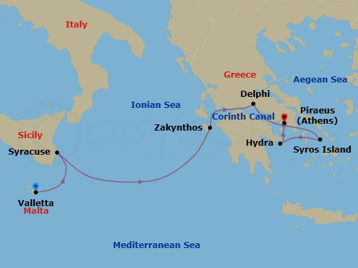 7 Night - Secluded Southern Italy & Greece Cruise - SeaDream I - Starting in Valletta, Syracuse IT, Sicily, Sailing the Gulf of Squillace, Zakynthos, Galaxidi (Delphi), Corinth Canal Transit, Syros, Hydra, Athens (Piraeus) itinerary map