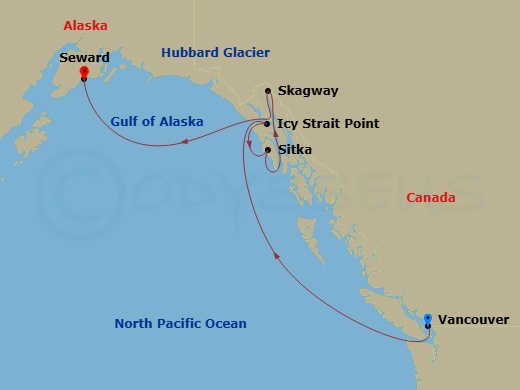 RCL Ovation Of The Seas - 7 Night - Northbound Alaska & Hubbard Glacier - RCL Ovation Of The Seas - Starting in Vancouver, British Columbia, Icy Strait Point, Alaska, Sitka, Alaska, Sk.. itinerary map
