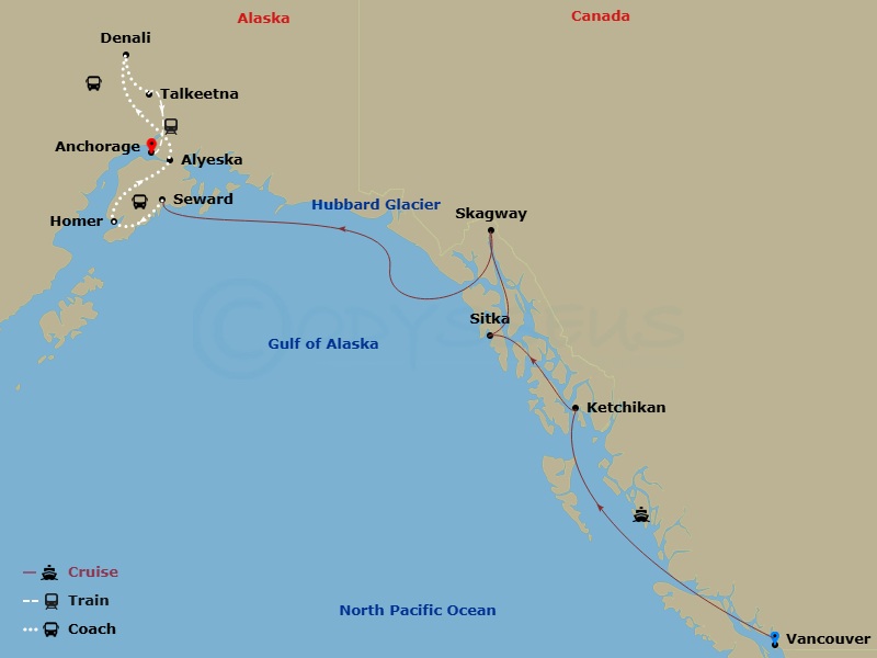 RCL Ovation Of The Seas Cruise Tours - 13 Night - Homer Adventure & Interior Wildlife 10A - RCL Ovation Of The Seas Cruise Tours - Starting in Vancouver, British Columbia, Ketchikan (Ward Cove), Al.. itinerary map