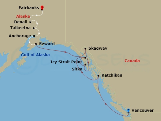 RCL Ovation Of The Seas Cruise Tours - 13 Night - Alaska Wilderness Spectacular Ct 8A - RCL Ovation Of The Seas Cruise Tours - Starting in Vancouver, British Columbia, Ketchikan (Ward Cove), Alaska.. itinerary map