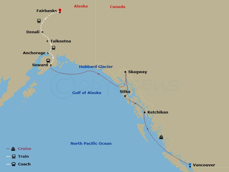 RCL Ovation Of The Seas Cruise Tours - 13 Night - Alaska Wilderness Spectacular Ct 8A - RCL Ovation Of The Seas Cruise Tours - Starting in Vancouver, British Columbia, Ketchikan, Alaska, Sitka, Ala.. itinerary map