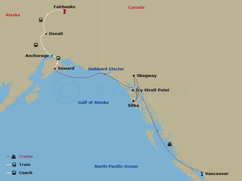 RCL Ovation Of The Seas Cruise Tours - 12 Night - Fjord & Tundra Nat'l Parks Explorer Ct 6A - RCL Ovation Of The Seas Cruise Tours - Starting in Vancouver, British Columbia, Icy Strait Point, Alask.. itinerary map