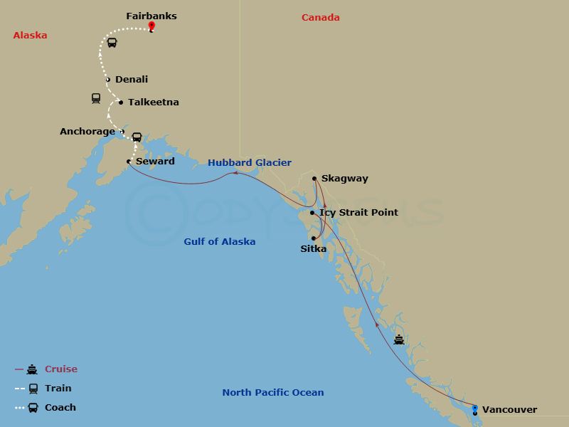 RCL Ovation Of The Seas Cruise Tours - 13 Night - Alaska Wilderness Spectacular Ct 8A - RCL Ovation Of The Seas Cruise Tours - Starting in Vancouver, British Columbia, Icy Strait Point, Alaska, Sit.. itinerary map