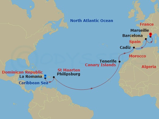 Costa Pacifica - 14 Night - Transatlantic from Casa De Campo / La Romana - Costa Pacifica - Starting in Casa De Campo / La Romana, St Maarten (Philipsburg), Santa Cruz de Tene.. itinerary map