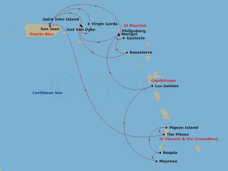 Star Seeker - 14 Night - Star Collector : Lovely Leewards - Star Seeker - Starting in San Juan, St John VI (Cruz Bay), US Virgin Islands, Basseterre, Gustavia, Philipsburg,.. itinerary map