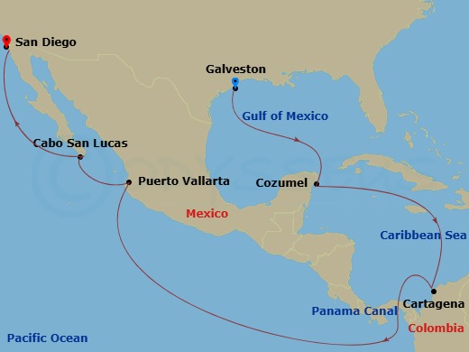 Disney Magic - 14 Night - Westbound Panama Canal Cruise from Galveston Ending in San Diego - Disney Magic - Starting in Galveston, Cozumel, Mexico, Cartagena ES, Panama Cana.. itinerary map