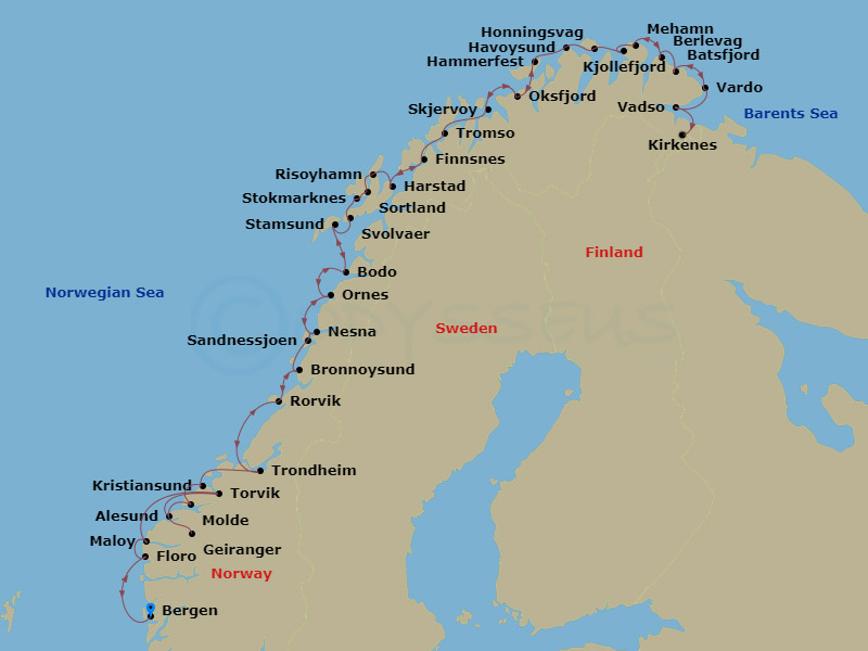 MS Richard With - 11 Night - The Coastal Express - Roundtrip - MS Richard With - Starting in Bergen, Floro, Maloy, Torvik, Alesund, Geiranger, Norway, Alesund, Molde, Kristians.. itinerary map