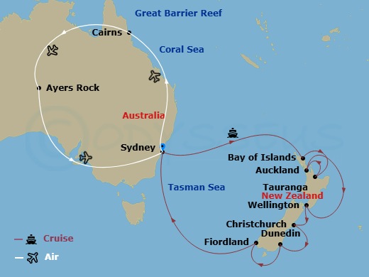 Discovery Princess Cruise Tours - 20 Night - Australian Outback - Tour 3A - Discovery Princess Cruise Tours - Starting in Sydney AU, Cairns, Australia, Uluru (Ayers Rock), Australia, Sydney AU.. itinerary map