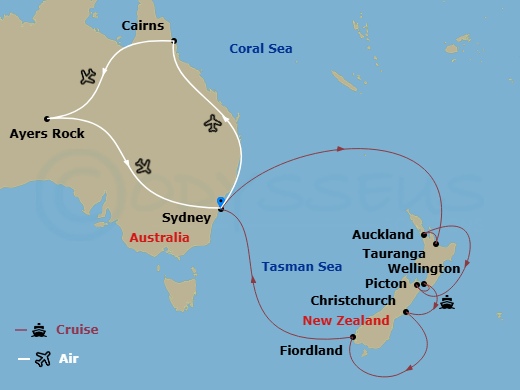 Discovery Princess Cruise Tours - 20 Night - Australian Outback - Tour 3E - Discovery Princess Cruise Tours - Starting in Sydney AU, Tauranga, New Zealand, Auckland, New Zealand, Picton, New Z.. itinerary map