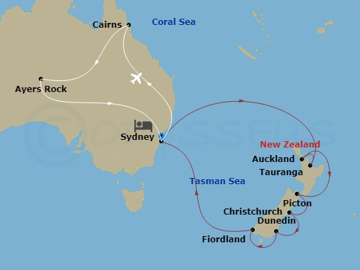 Discovery Princess Cruise Tours - 19 Night - Australian Outback - Tour 3B - Discovery Princess Cruise Tours - Starting in Sydney AU, Cairns, Australia, Uluru (Ayers Rock), Australia, Sydney AU.. itinerary map